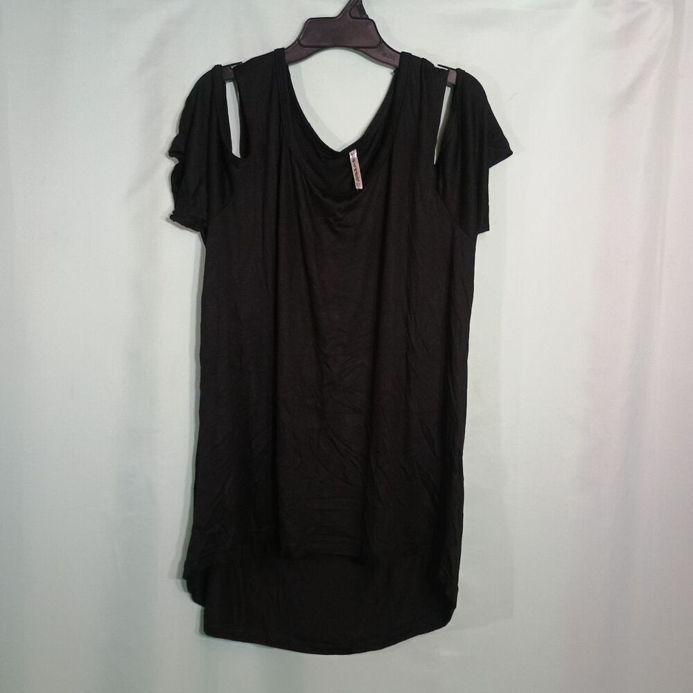 Women’s Black Cold Shoulder Tunic Top – Draped V-Neck Short Sleeve Blouse